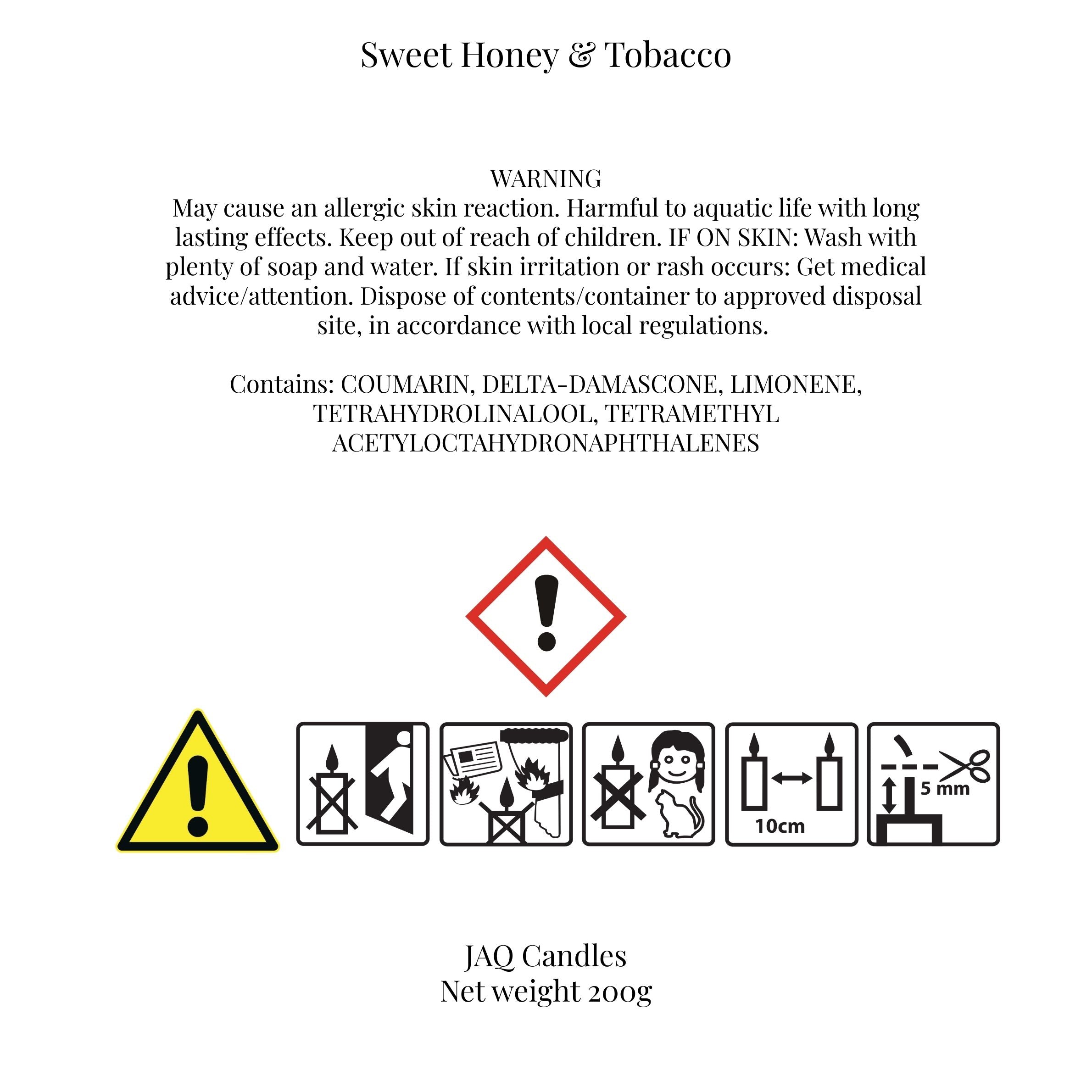 Product CLP label for a candle fragrance named Sweet Honey & Tobacco.