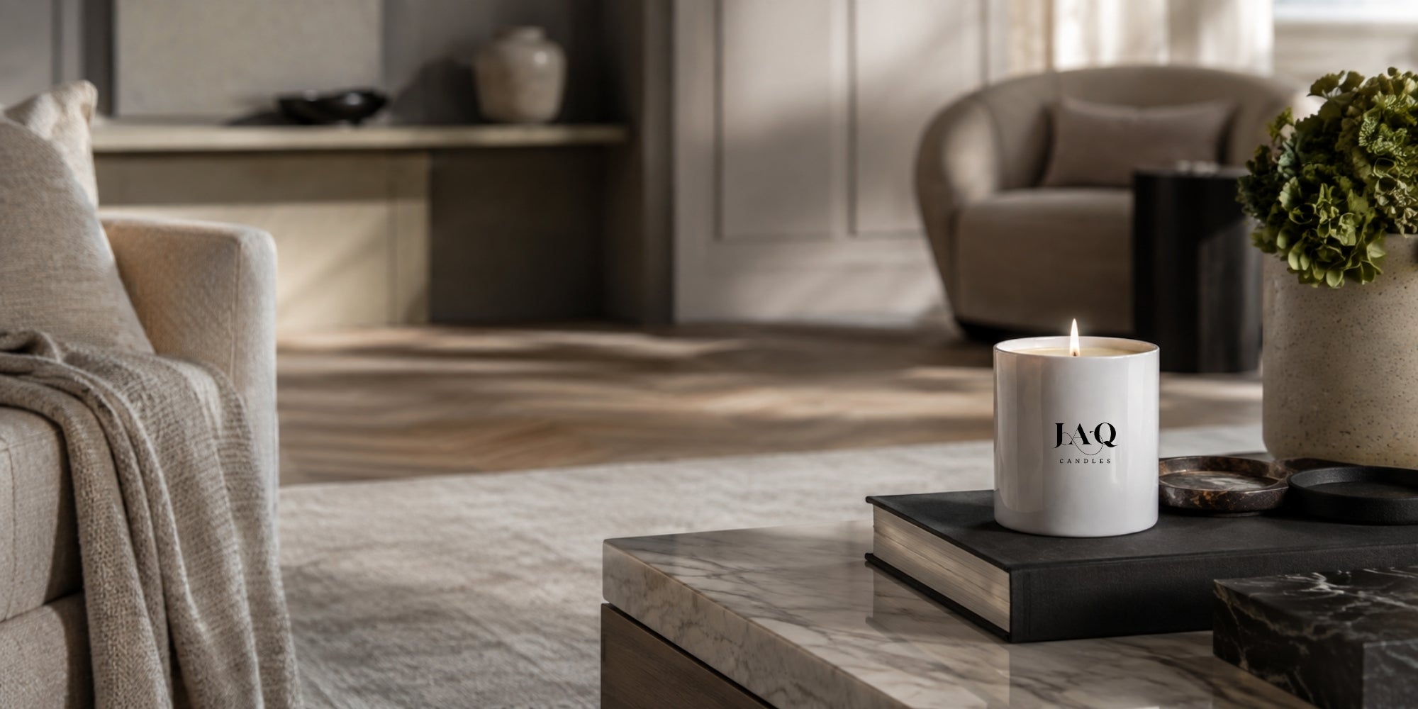 JAQ Candle in a luxury neutral living room